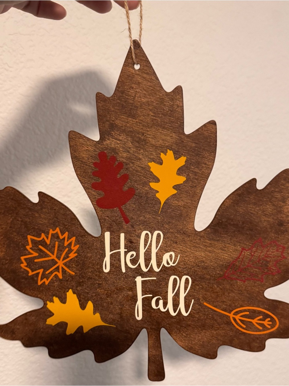 Wooden 'Hello Fall' Leaf Wall Decor - Brown with Red & Yellow Accents
